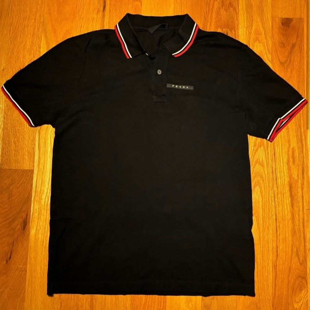 Prada Black Polo Shirt with Red and White Accents